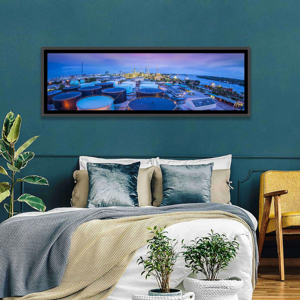 Twilight Oil Refinery River View Wall Art in a room, panoramic