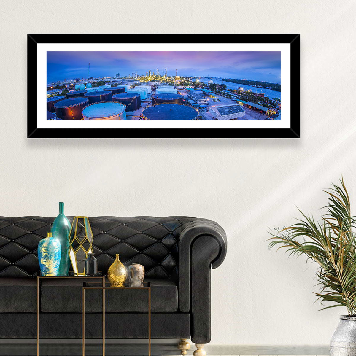 Twilight Oil Refinery River View Wall Art in a room, panoramic