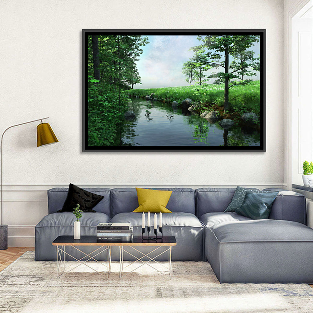 Tranquil Meadow Stream with Wildflowers Wall Art
