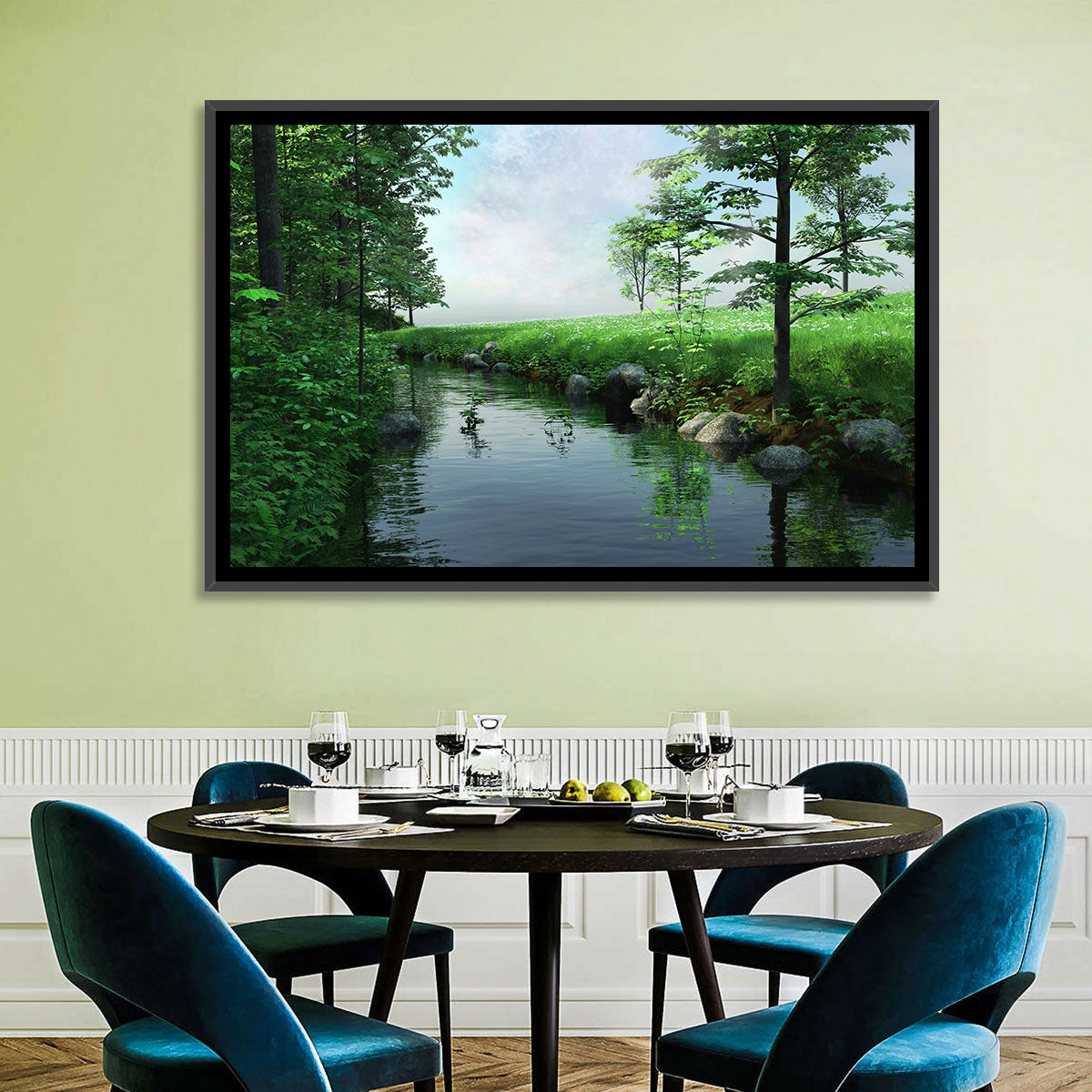 Tranquil Meadow Stream with Wildflowers Wall Art in a room, landscape