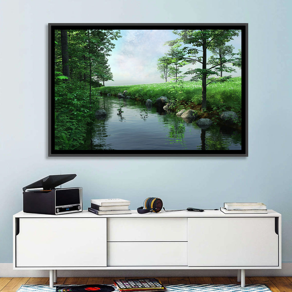Tranquil Meadow Stream with Wildflowers Wall Art