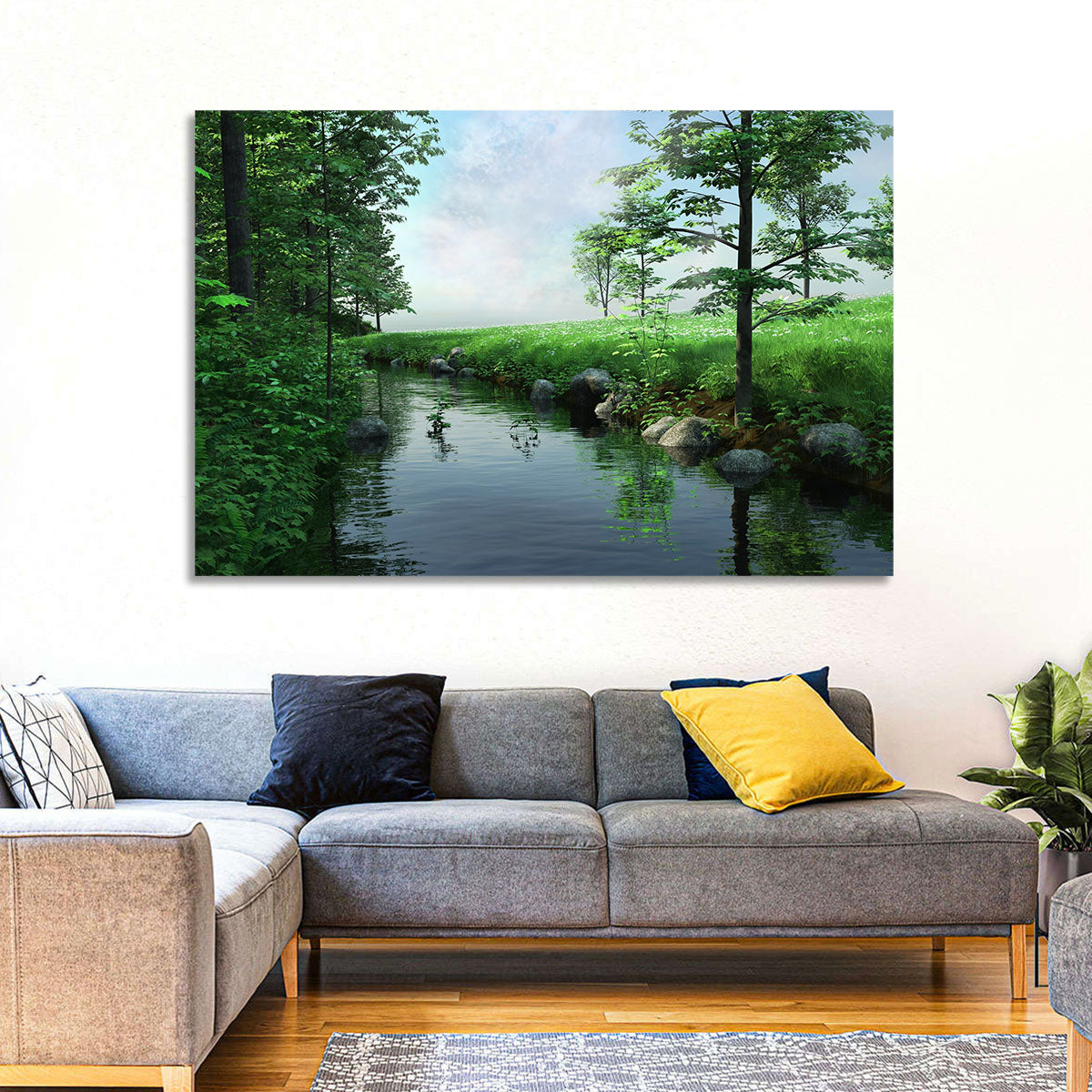Tranquil Meadow Stream with Wildflowers Wall Art in a room, landscape