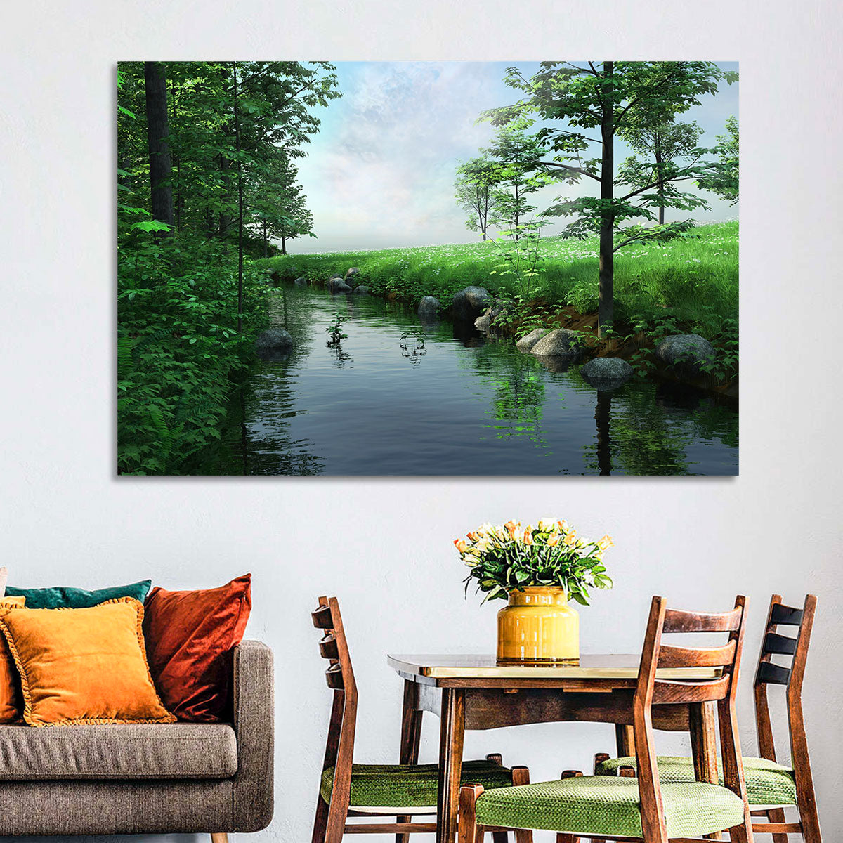 Tranquil Meadow Stream with Wildflowers Wall Art in a room, landscape