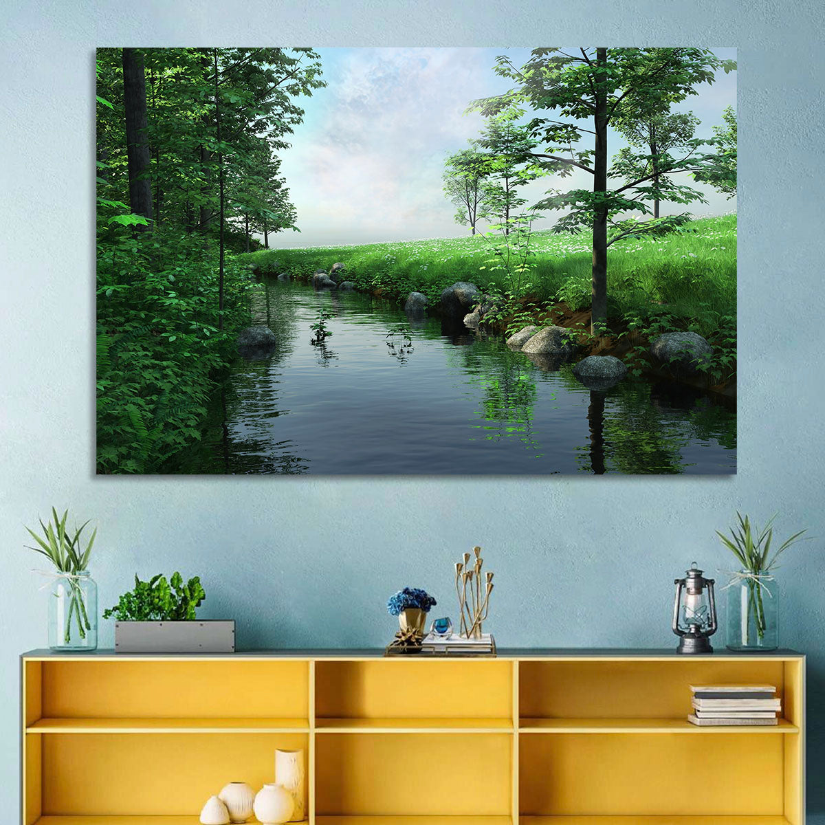 Tranquil Meadow Stream with Wildflowers Wall Art in a room, landscape