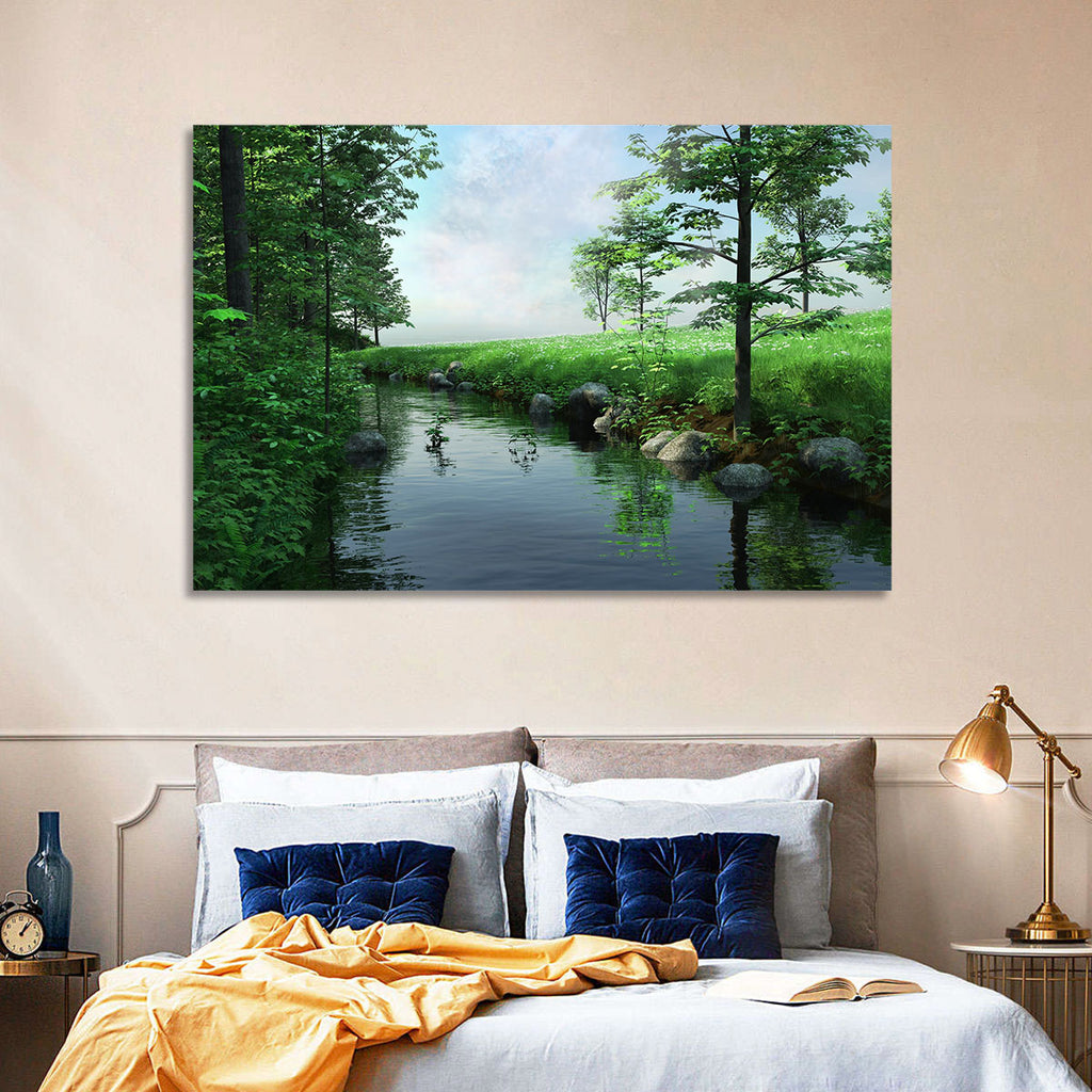 Tranquil Meadow Stream with Wildflowers Wall Art