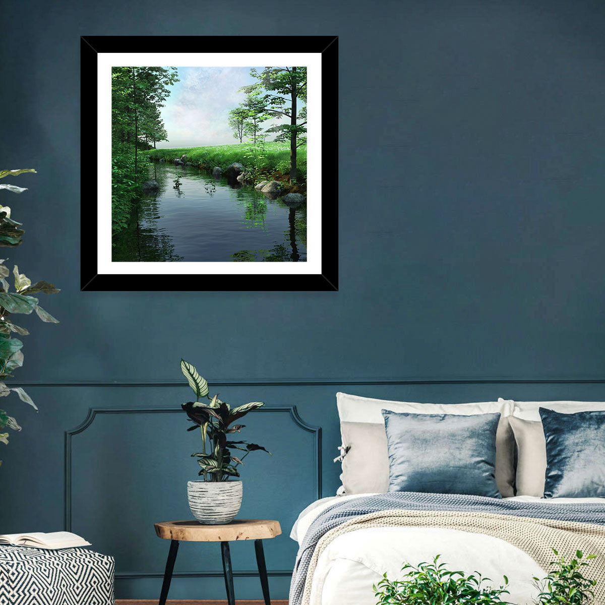 Tranquil Meadow Stream with Wildflowers Wall Art in a room, landscape