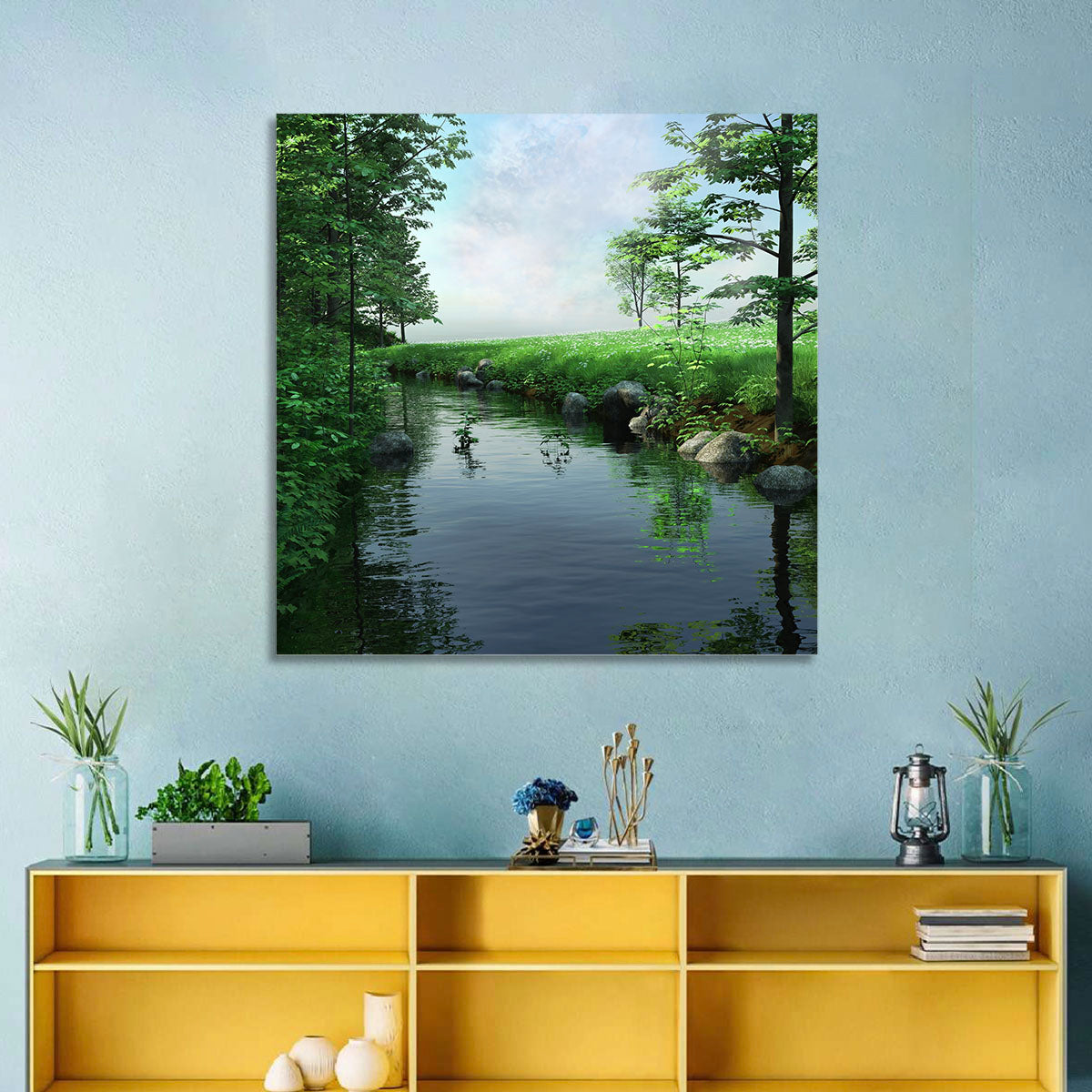 Tranquil Meadow Stream with Wildflowers Wall Art in a room, landscape