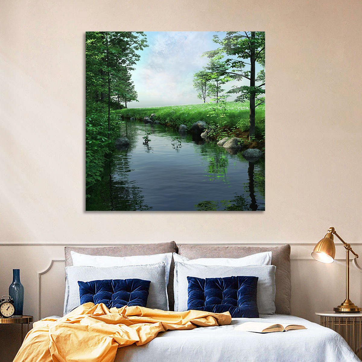 Tranquil Meadow Stream with Wildflowers Wall Art in a room, landscape