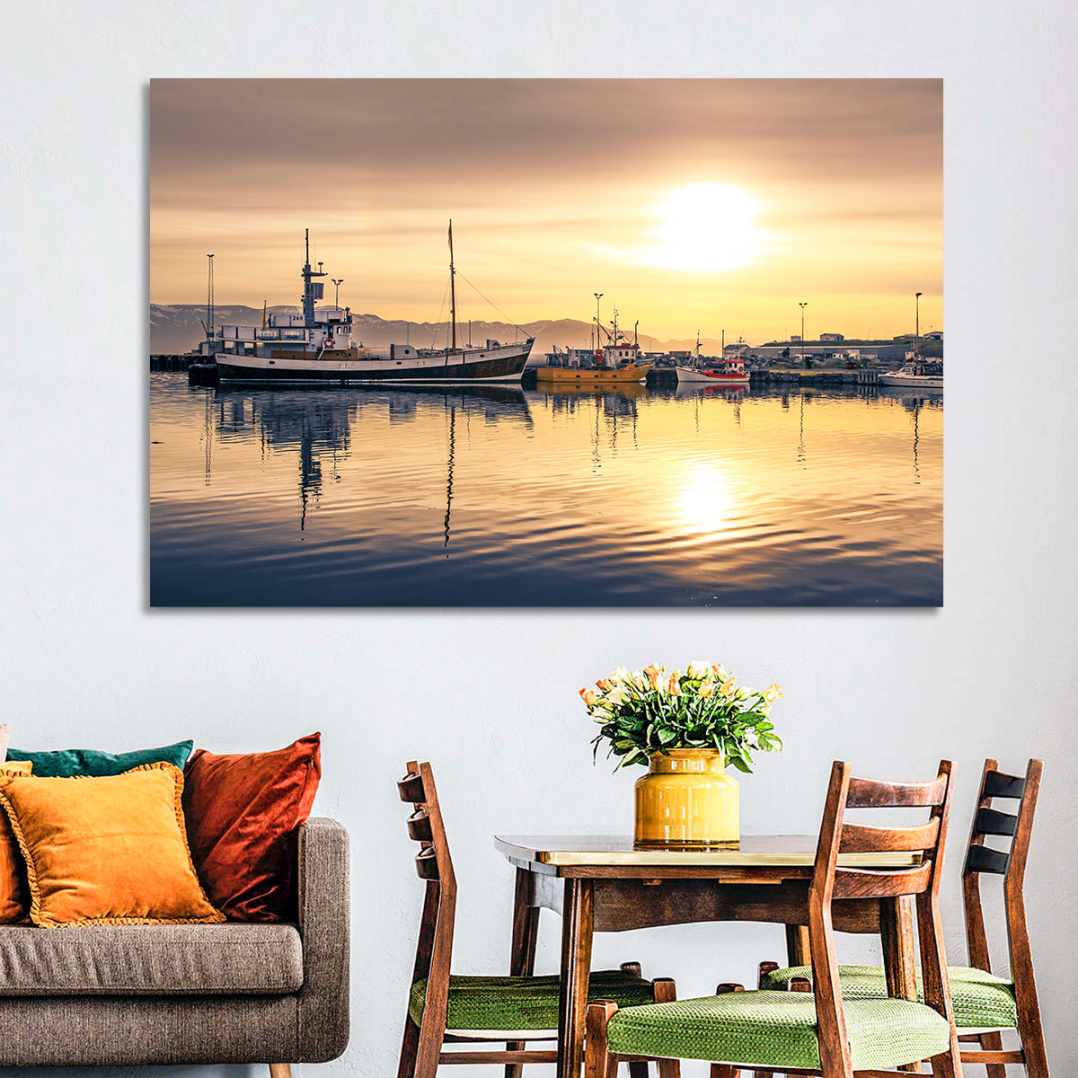 Husavik Harbor at Golden Hour Wall Art in a room, landscape