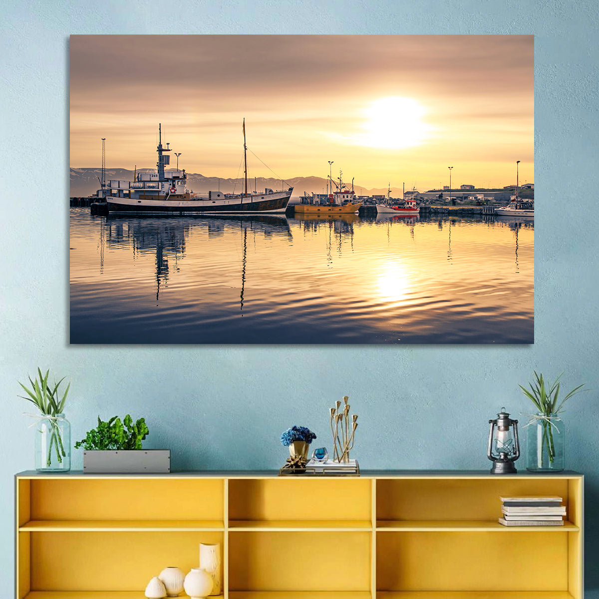 Husavik Harbor at Golden Hour Wall Art