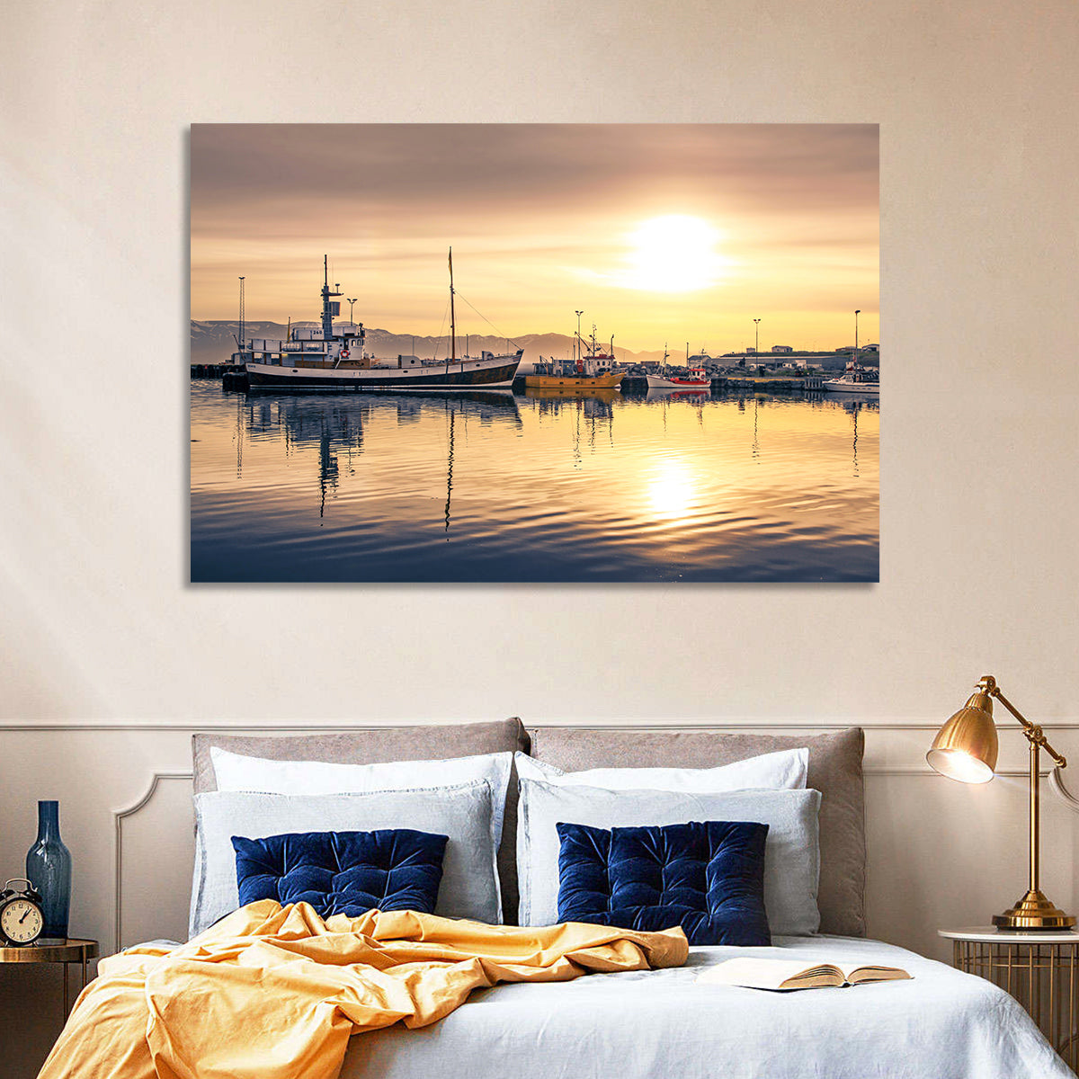 Husavik Harbor at Golden Hour Wall Art in a room, landscape