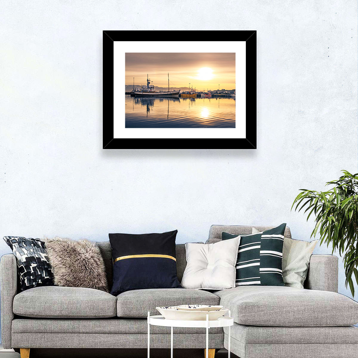 Husavik Harbor at Golden Hour Wall Art in a room, landscape
