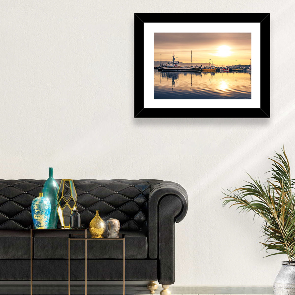 Husavik Harbor at Golden Hour Wall Art in a room, landscape