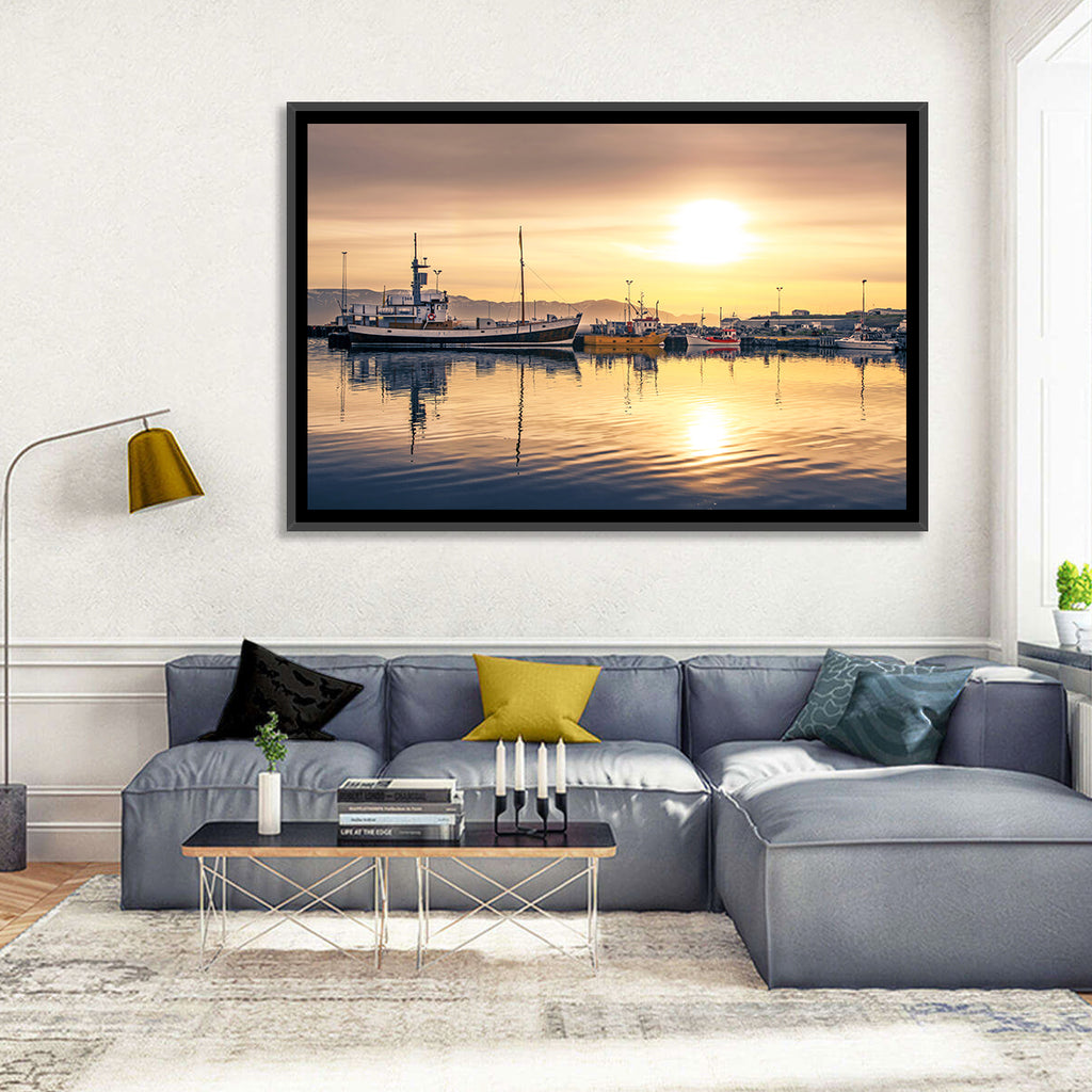 Husavik Harbor at Golden Hour Wall Art