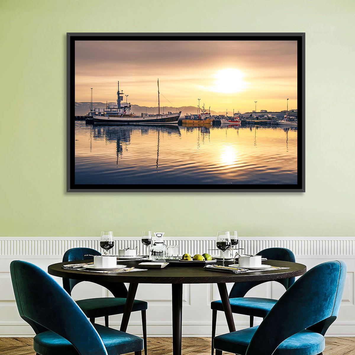 Husavik Harbor at Golden Hour Wall Art in a room, landscape