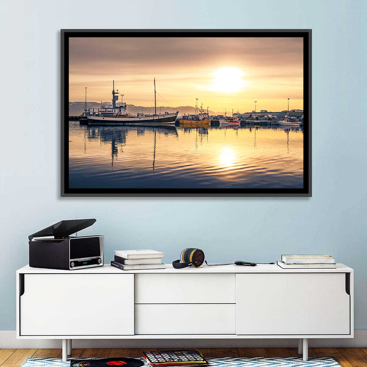 Husavik Harbor at Golden Hour Wall Art in a room, landscape