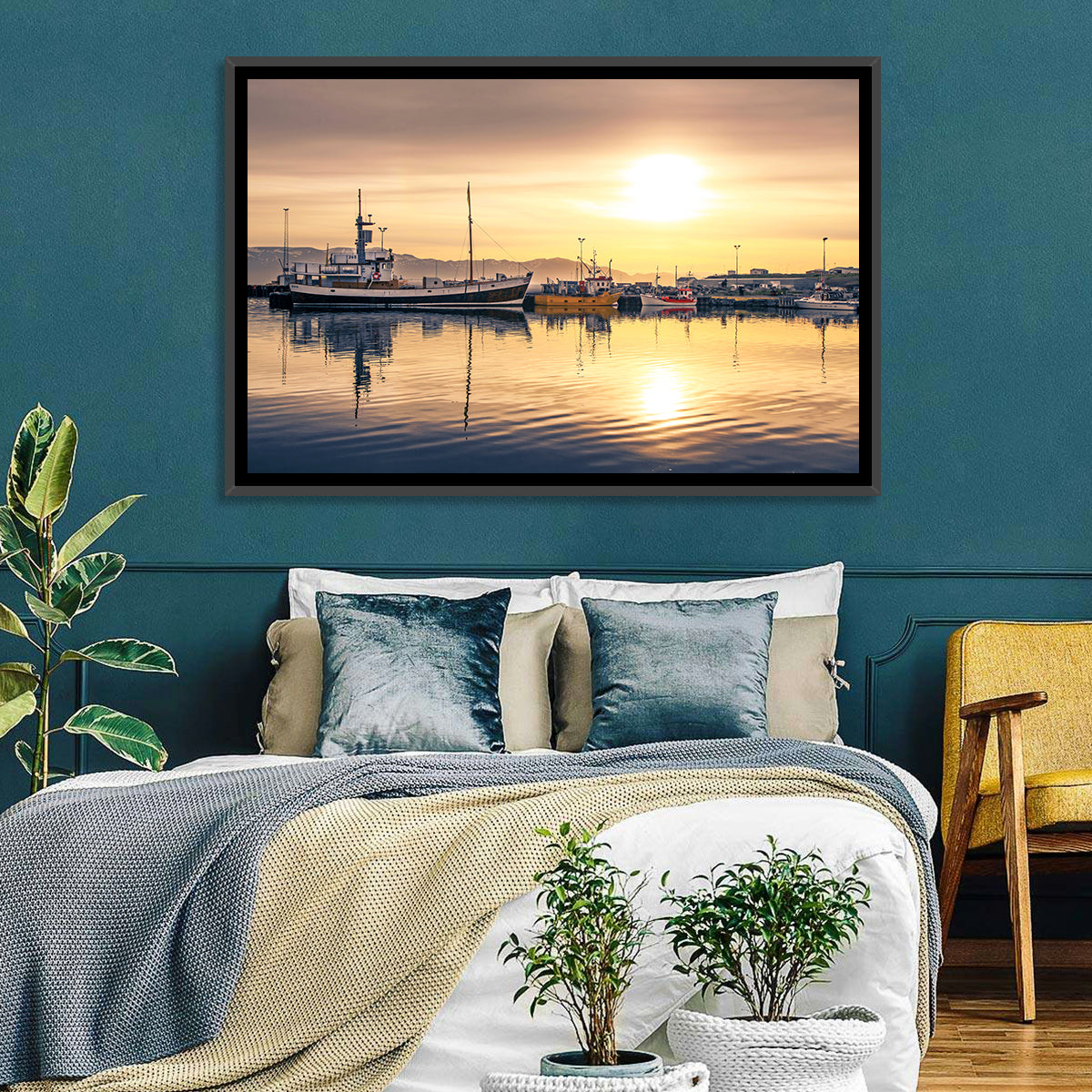 Husavik Harbor at Golden Hour Wall Art in a room, landscape