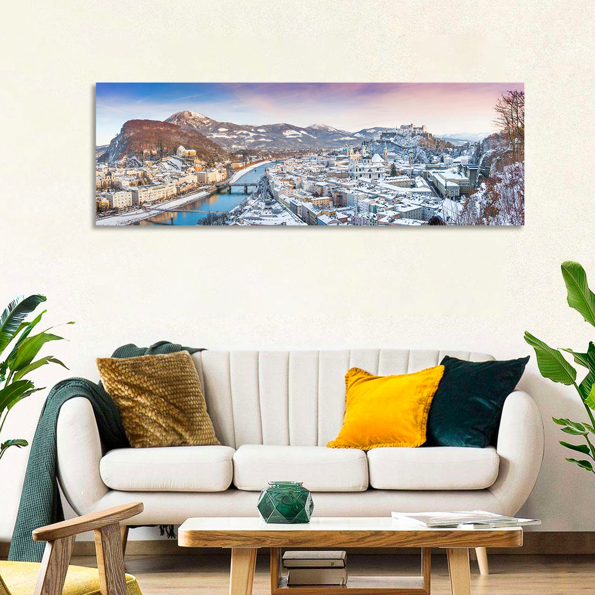 Salzburg Winter Skyline Wall Art in a room, panoramic