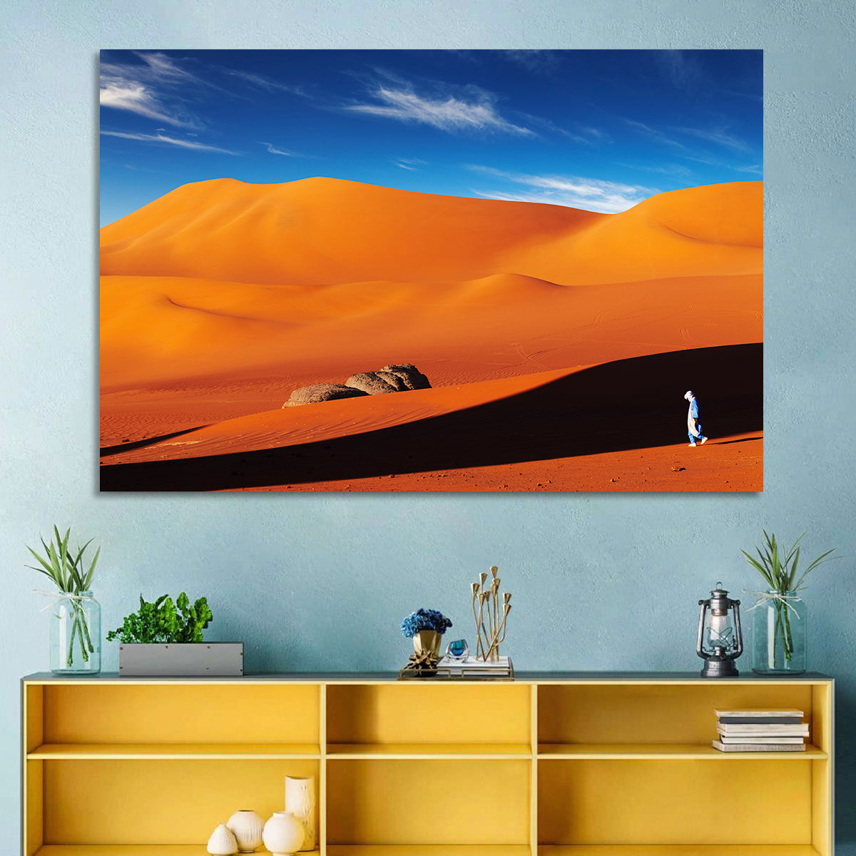 Solitary Figure on Sahara Dunes Wall Art in a room, landscape