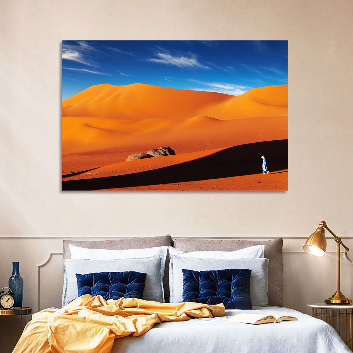 Solitary Figure on Sahara Dunes Wall Art in a room, landscape