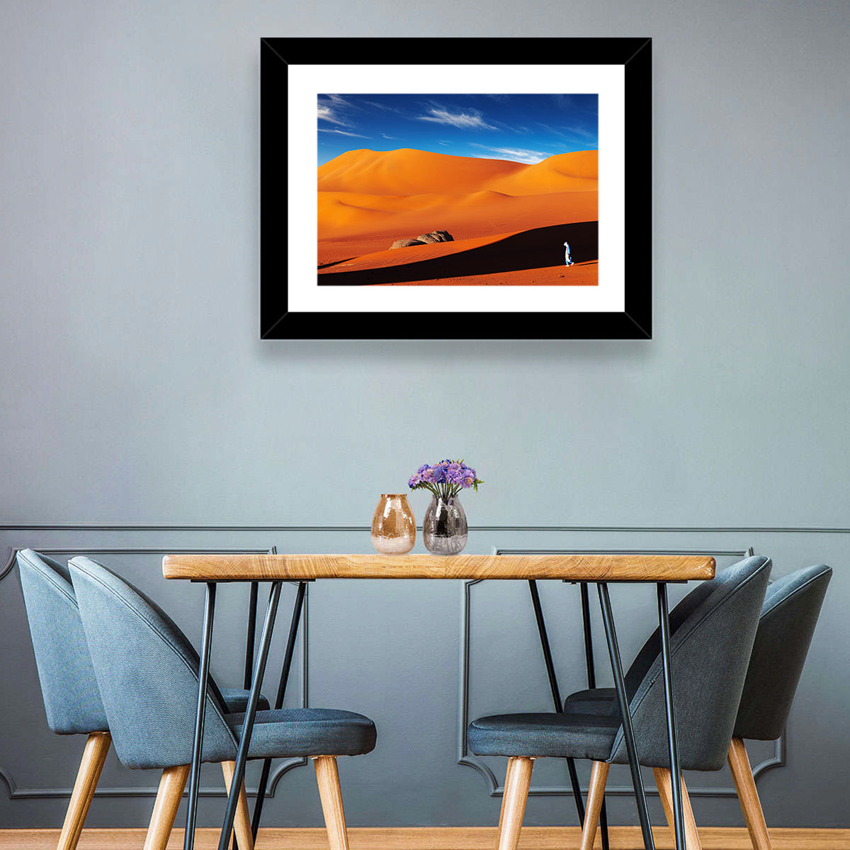 Solitary Figure on Sahara Dunes Wall Art in a room, landscape