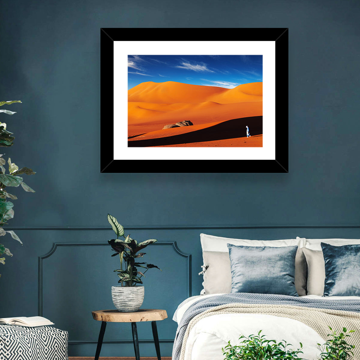 Solitary Figure on Sahara Dunes Wall Art in a room, landscape