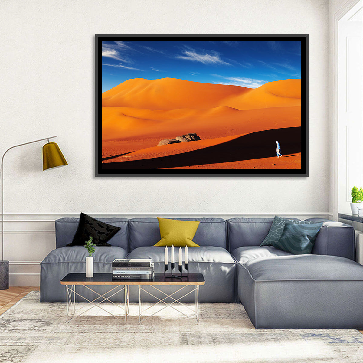 Solitary Figure on Sahara Dunes Wall Art in a room, landscape