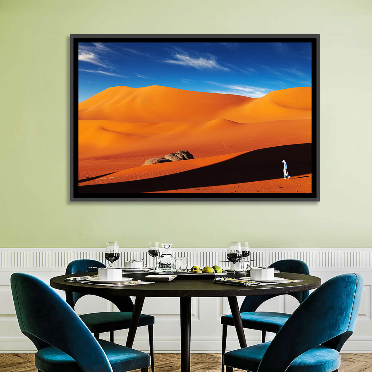 Solitary Figure on Sahara Dunes Wall Art in a room, landscape
