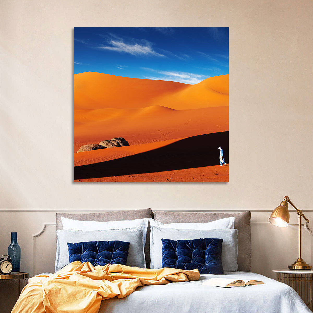 Solitary Figure on Sahara Dunes Wall Art in a room, landscape