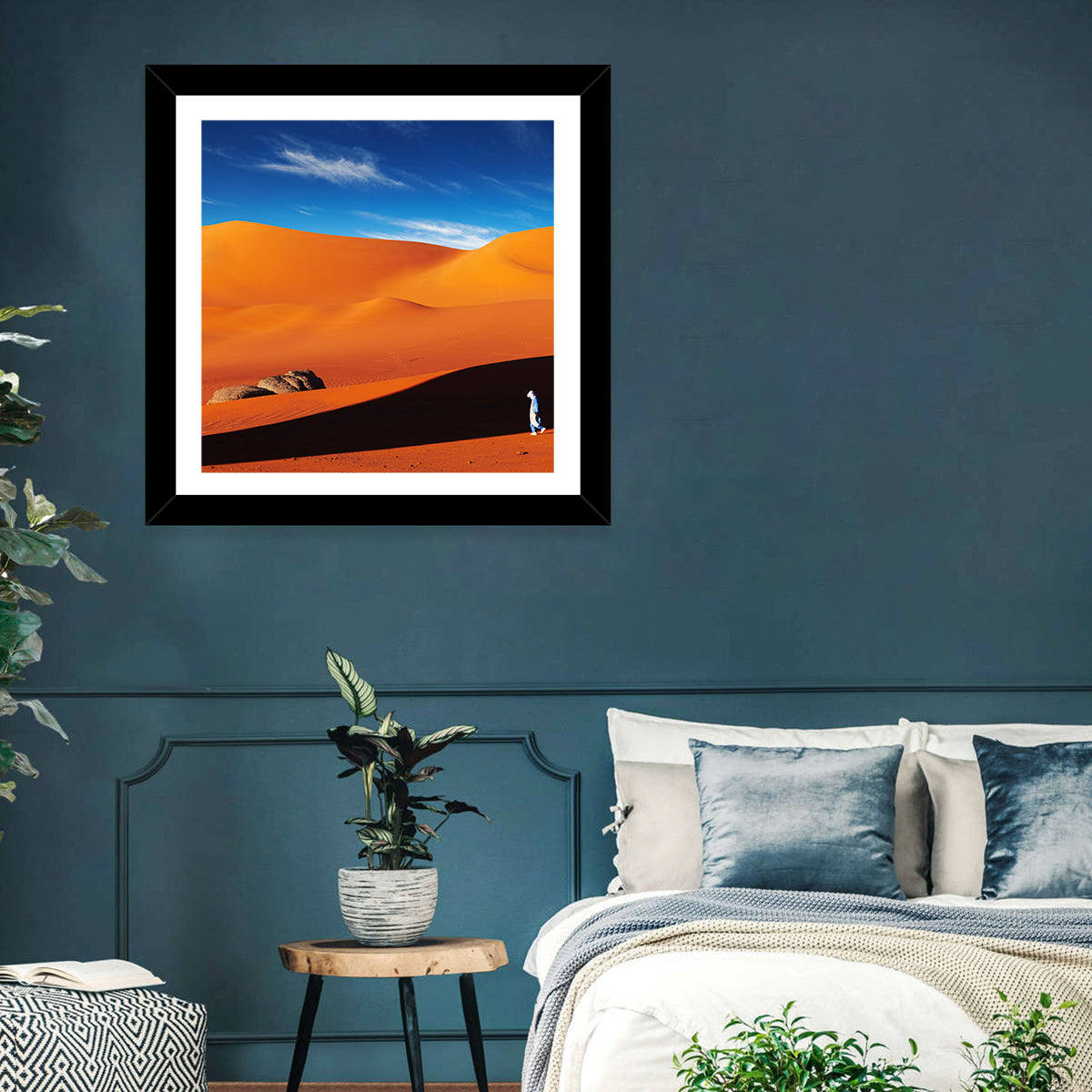 Solitary Figure on Sahara Dunes Wall Art in a room, landscape