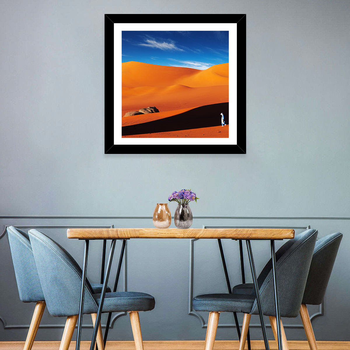 Solitary Figure on Sahara Dunes Wall Art in a room, landscape