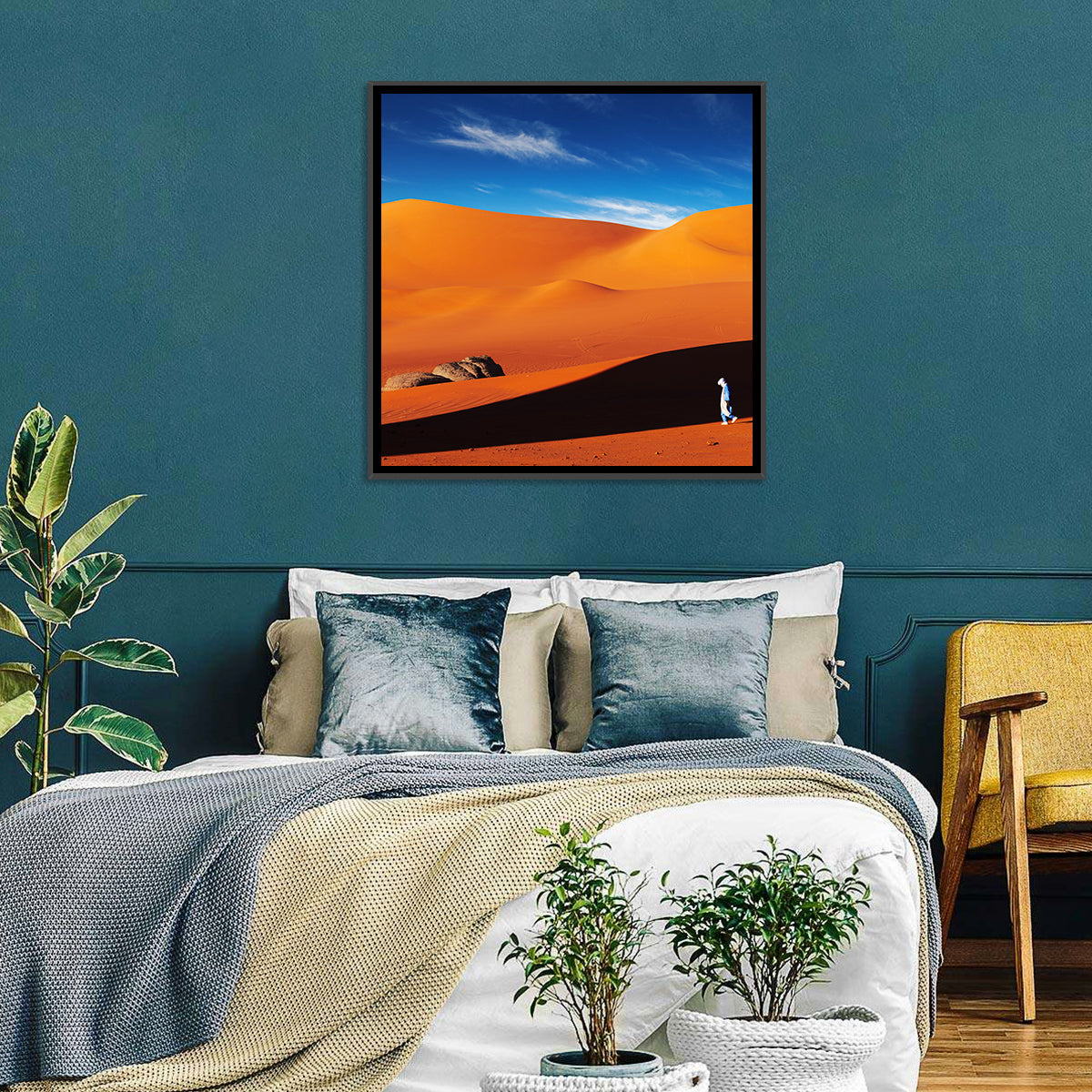 Solitary Figure on Sahara Dunes Wall Art in a room, landscape