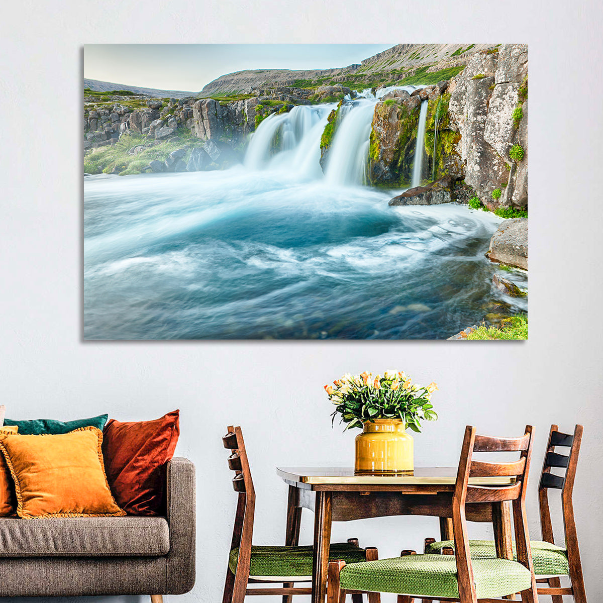 Dynjandi Waterfall Mist and Moss Wall Art in a room, landscape