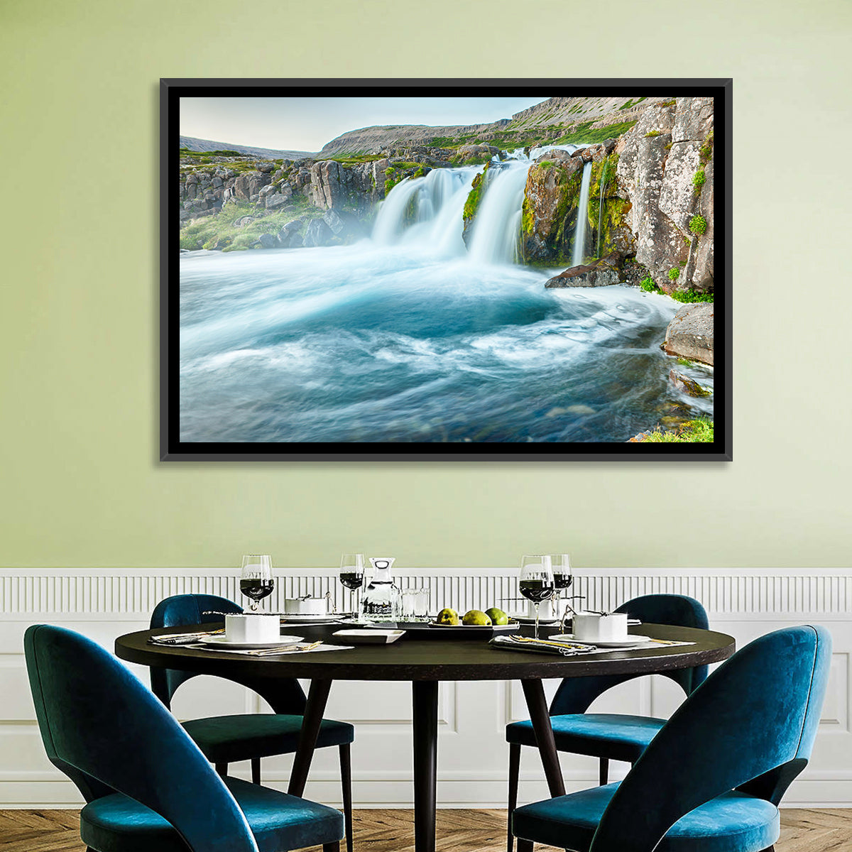 Dynjandi Waterfall Mist and Moss Wall Art in a room, landscape