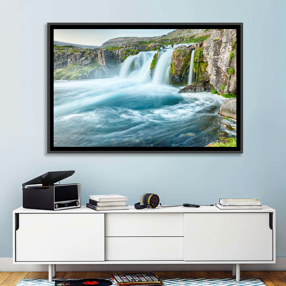 Dynjandi Waterfall Mist and Moss Wall Art in a room, landscape