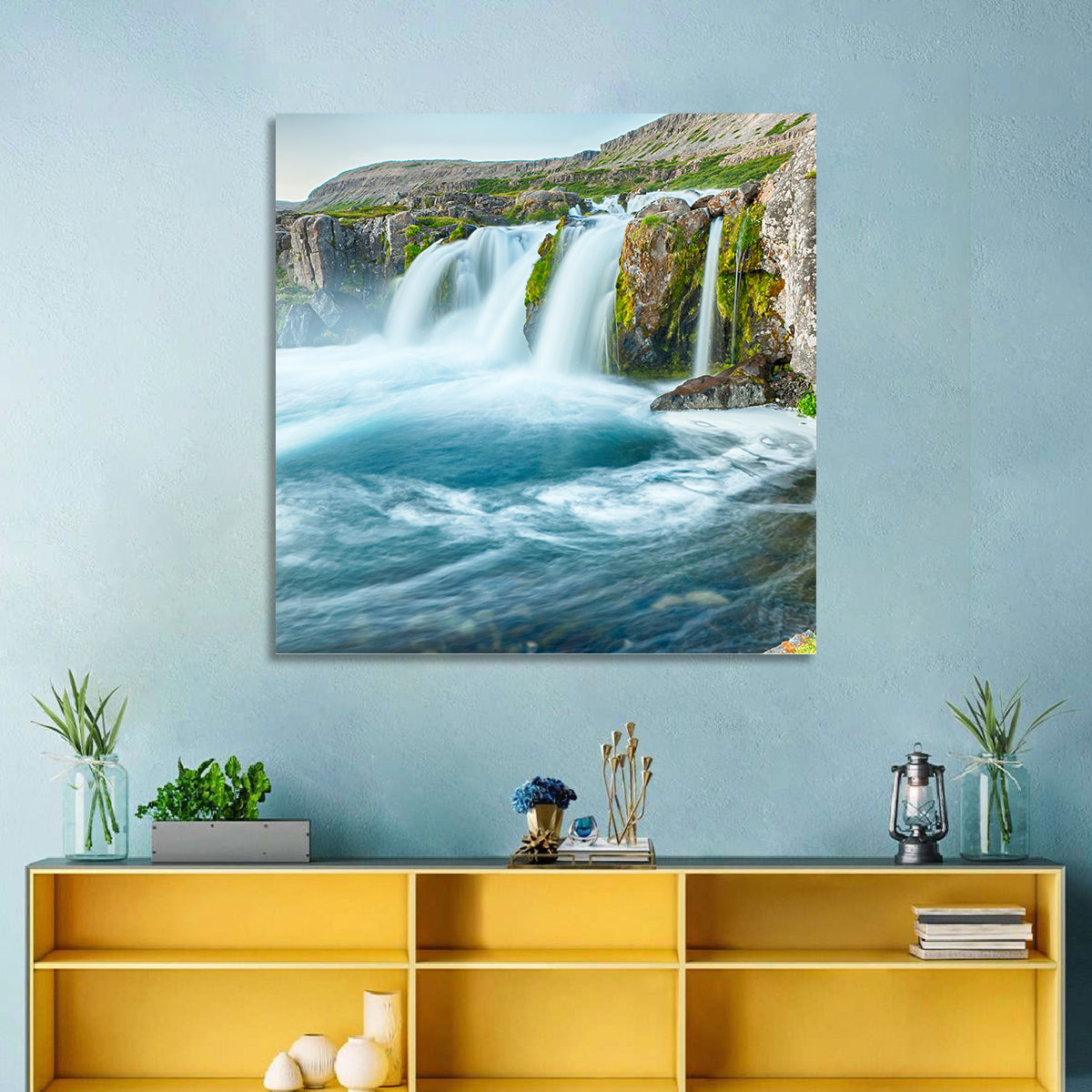 Dynjandi Waterfall Mist and Moss Wall Art in a room, landscape