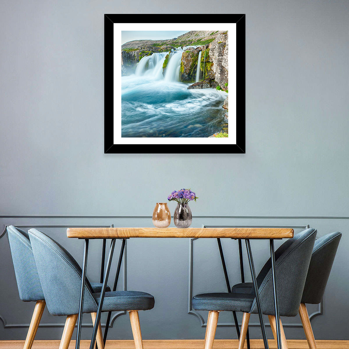 Dynjandi Waterfall Mist and Moss Wall Art in a room, landscape