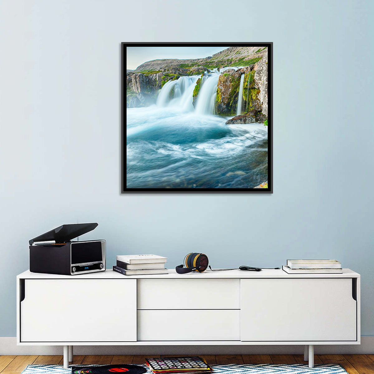 Dynjandi Waterfall Mist and Moss Wall Art in a room, landscape