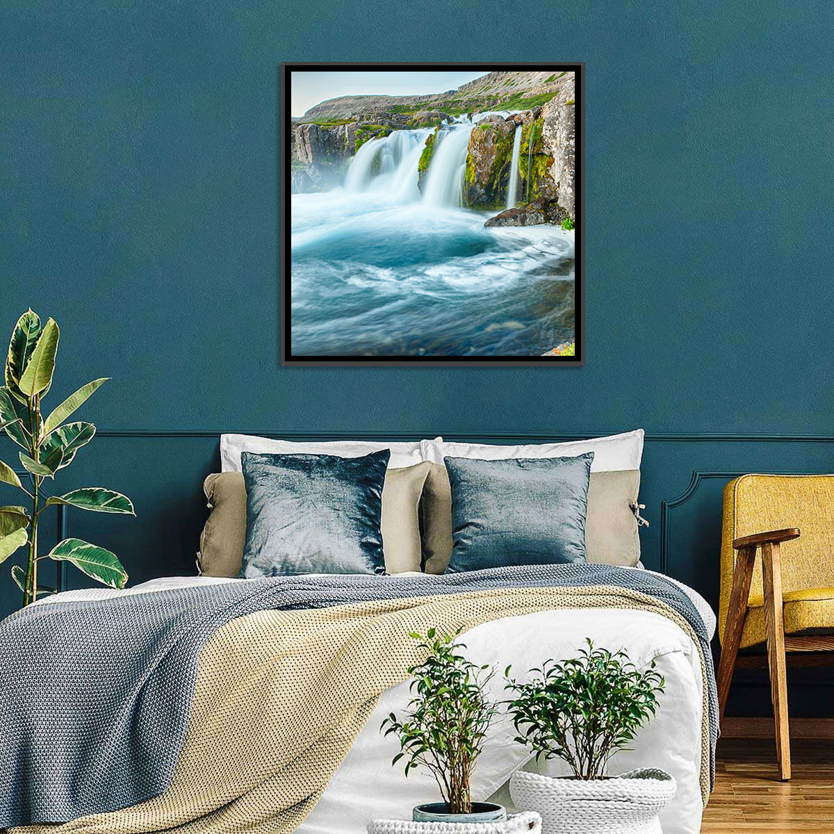 Dynjandi Waterfall Mist and Moss Wall Art in a room, landscape