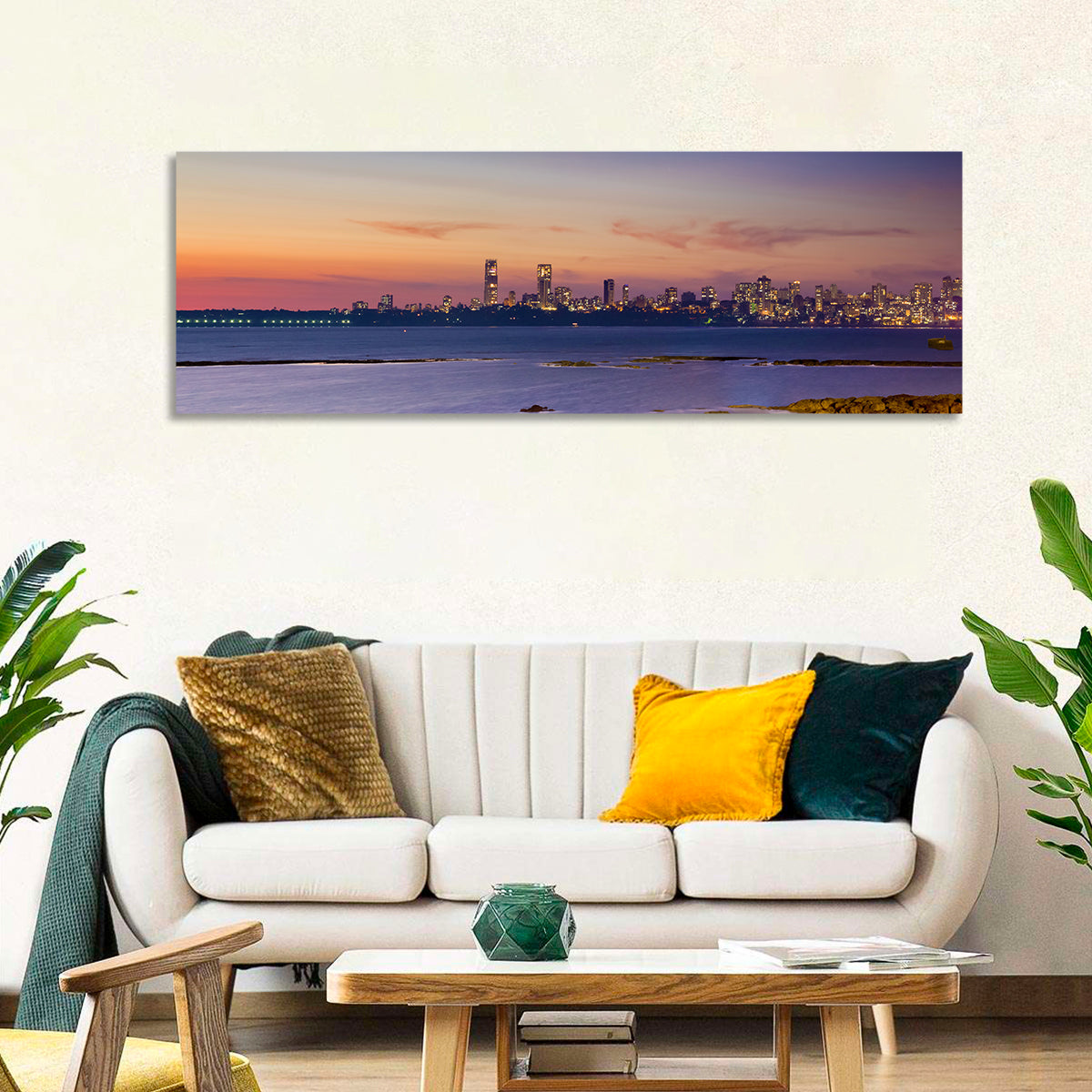 Mumbai Skyline at Dusk Wall Art in a room, panoramic