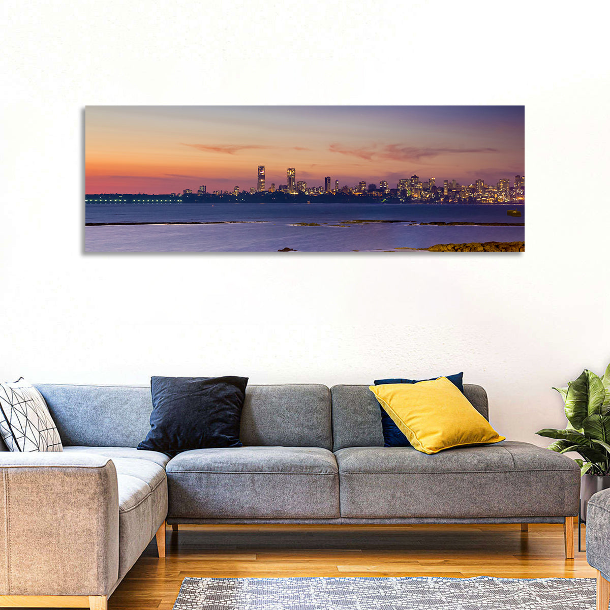 Mumbai Skyline at Dusk Wall Art in a room, panoramic
