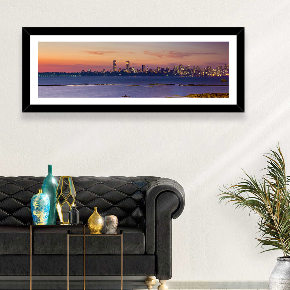 Mumbai Skyline at Dusk Wall Art in a room, panoramic