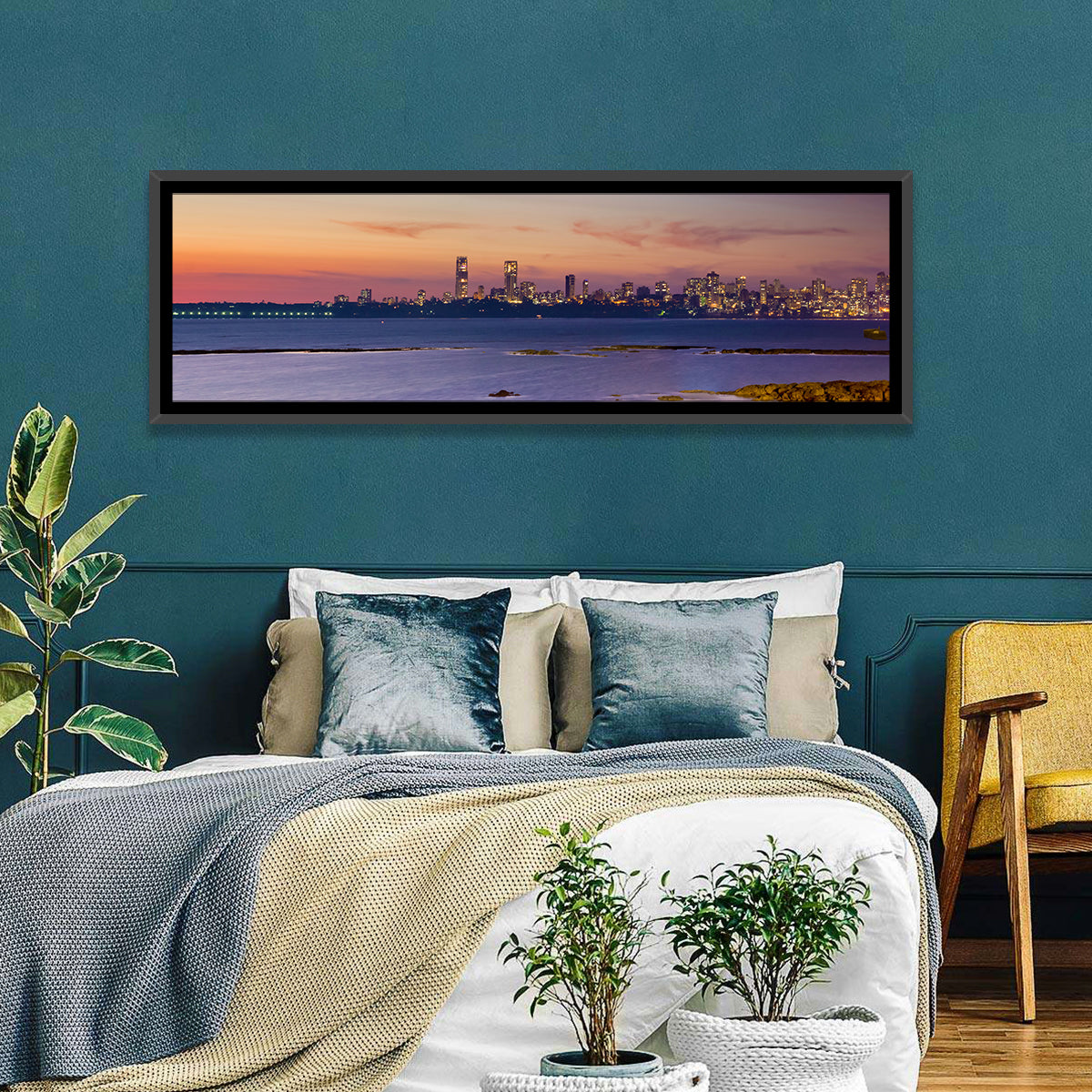 Mumbai Skyline at Dusk Wall Art in a room, panoramic
