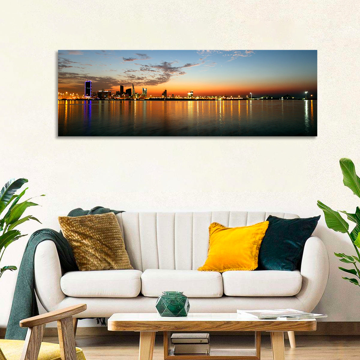 Manama Golden Hour Skyline Wall Art in a room, panoramic