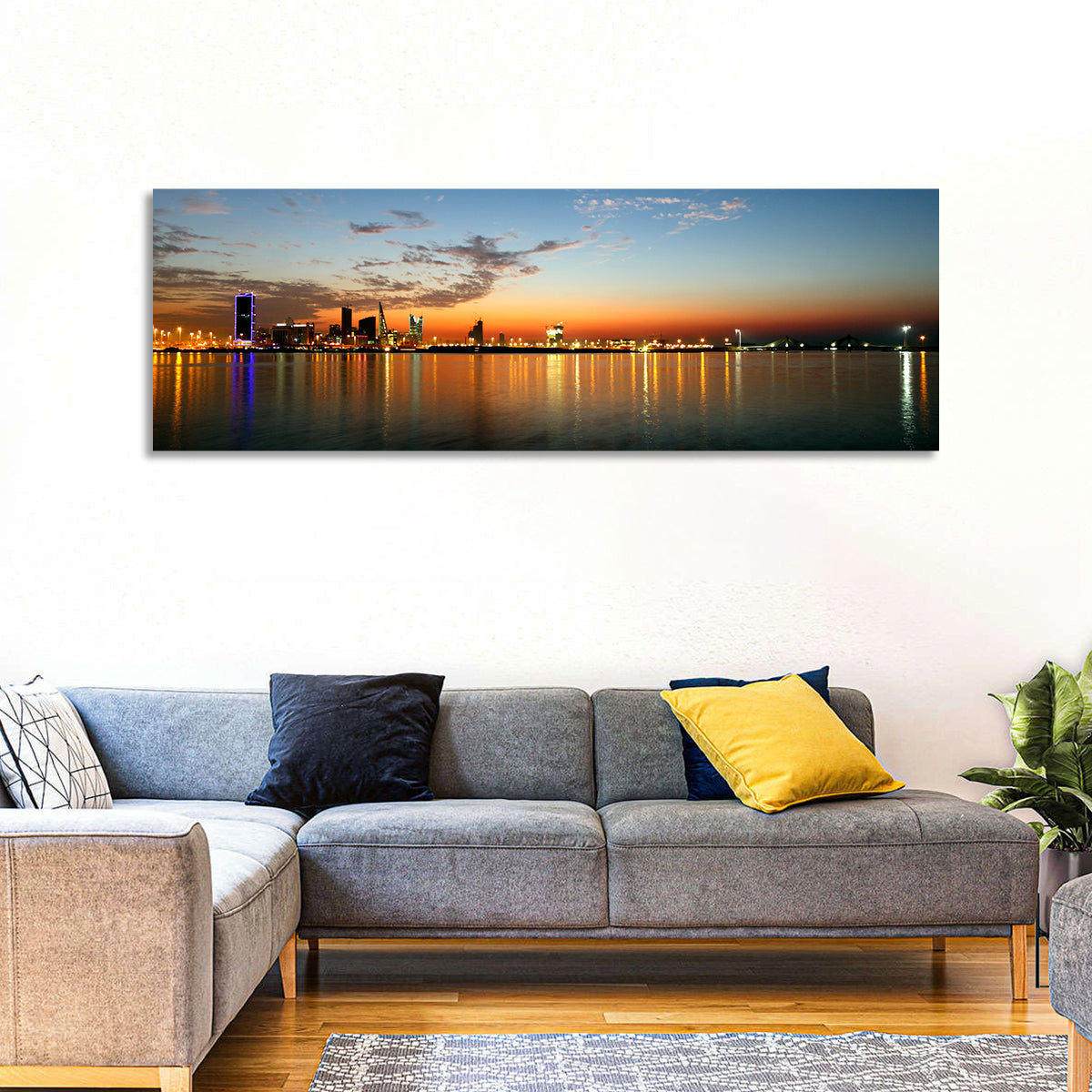 Manama Golden Hour Skyline Wall Art in a room, panoramic