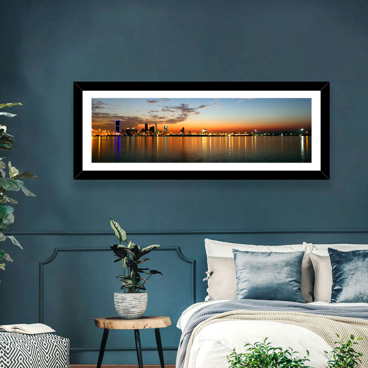 Manama Golden Hour Skyline Wall Art in a room, panoramic