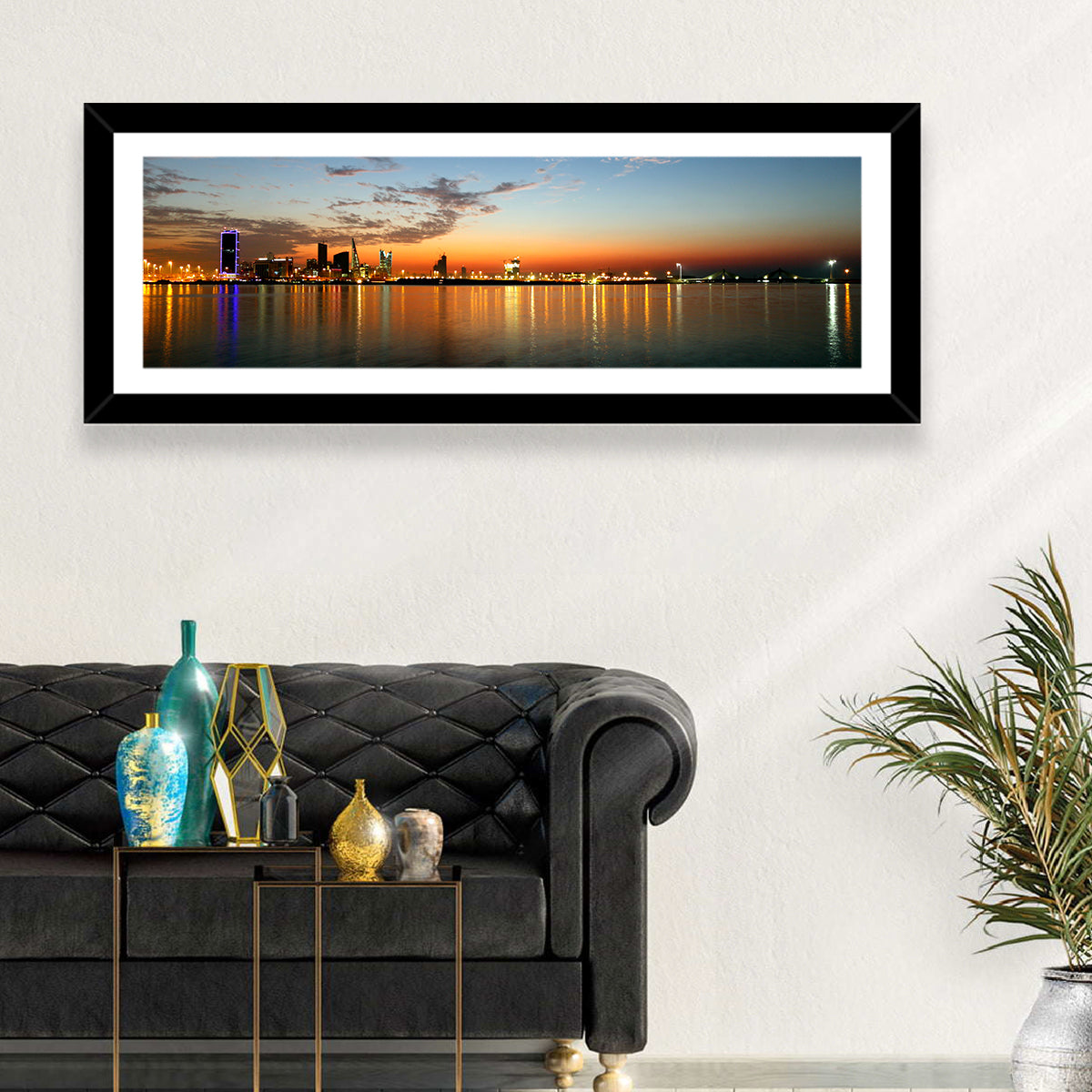 Manama Golden Hour Skyline Wall Art in a room, panoramic