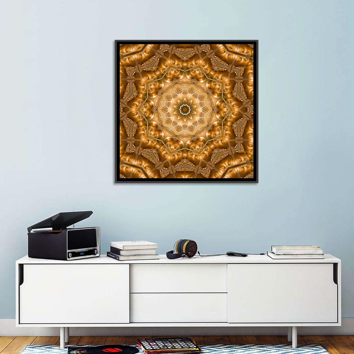 Golden Buddha Mandala Kaleidoscope Pattern Wall Art in a room, square