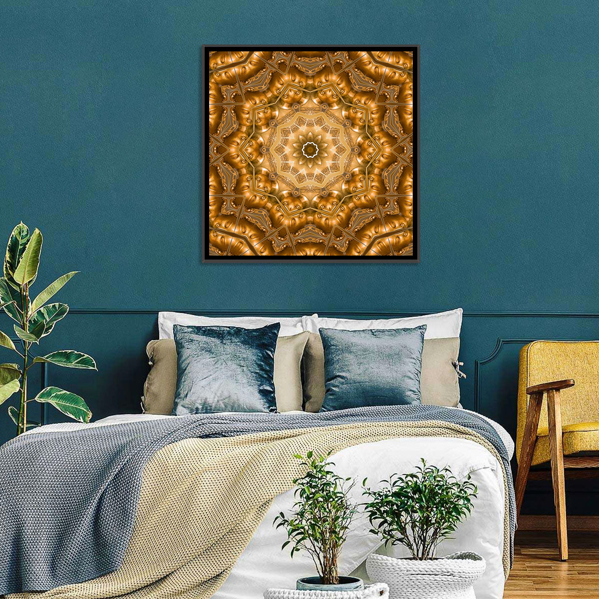 Golden Buddha Mandala Kaleidoscope Pattern Wall Art in a room, square