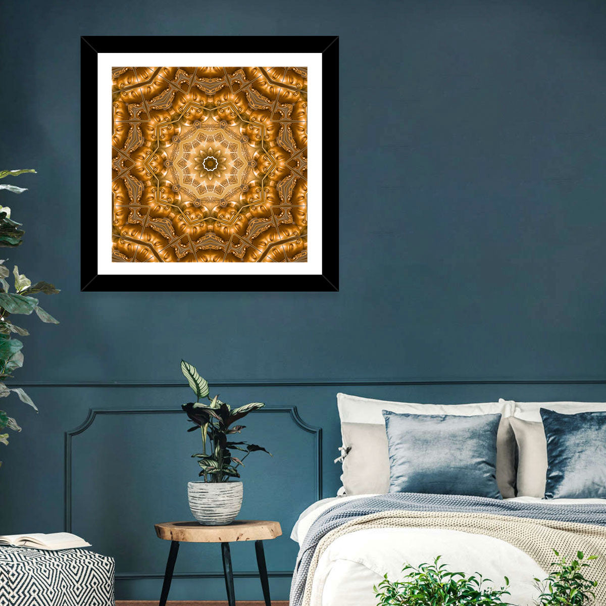 Golden Buddha Mandala Kaleidoscope Pattern Wall Art in a room, square